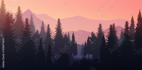 Natural Pine forest mountains horizon Landscape wallpaper Sunrise and sunset Illustration vector style Sunlight colorful view background photo