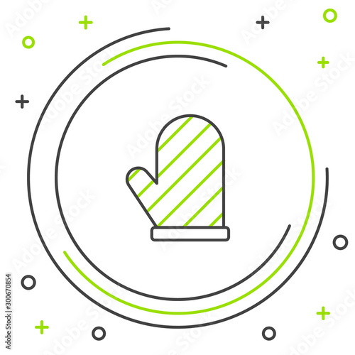 Black and green line Oven glove icon isolated on white background. Kitchen potholder sign. Cooking glove. Colorful outline concept. Vector Illustration