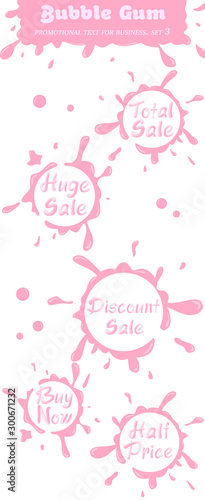 Set of advertising words in bubble gum style for business banner, poster. Total sale, Huge sale, Discount sale, Buy now, Half price. Vector collection of design stickers. Part 3