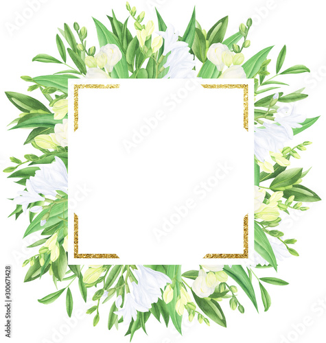 Floral frame with white spring flowers: tulips and freesias and greenery, watercolor painting. For wedding invitation and greeting cards