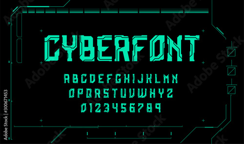 Cyberpunk technological font. Sci fi letters and numbers. Futuristic typeface. Vector illustration EPS 10