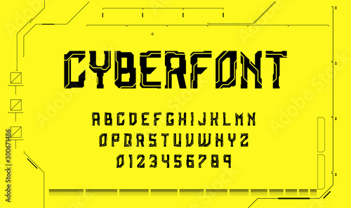 Cyberpunk technological font. Sci fi letters and numbers. Futuristic typeface. Vector illustration EPS 10