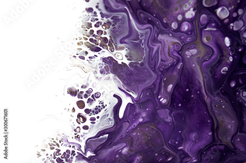Abstract acrylic liquid pouring painting art white and purple