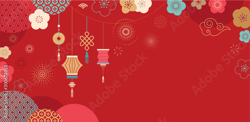 Happy Chinese new year design. 2020 Rat zodiac. Cute mouse cartoon. Japanese, Korean, Vietnamese lunar new year. Vector illustration and banner concept  photo