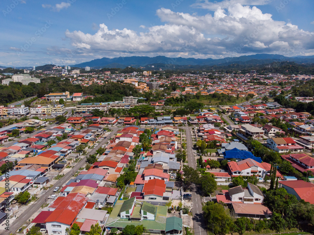 Aerial top view of local Residential houses at Kota Kinabalu City, Sabah, Malaysia