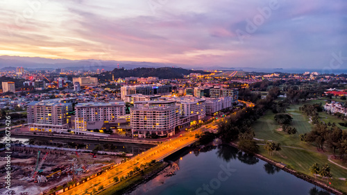 Принти на полотні Beautiful Aerial view of Kota Kinabalu City during twilight sunrise capture from drone at Kota Kinabalu, Sabah, Malaysia