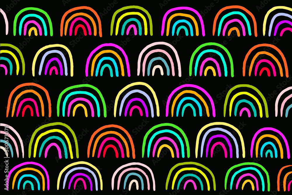 Colorful bright vibrant rainbows hand drawn vector illustration on black background