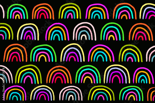 Fotografie, Obraz Colorful bright vibrant rainbows hand drawn vector illustration on black backgro