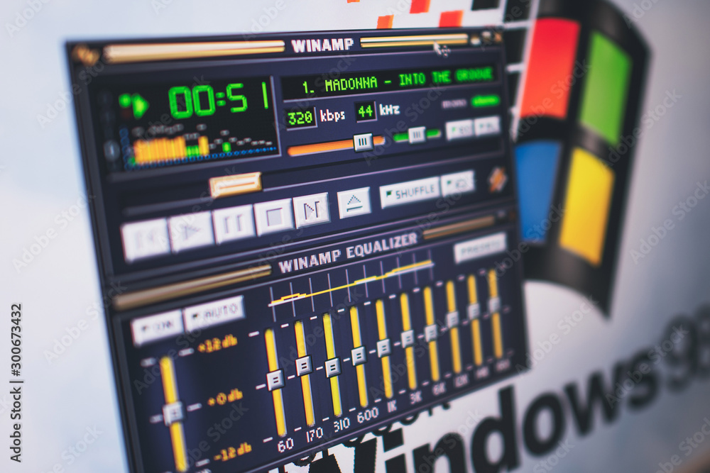 The historic mp3 player software Winamp plays Madonna In to tge groove song  on windows 98. Stock Photo | Adobe Stock