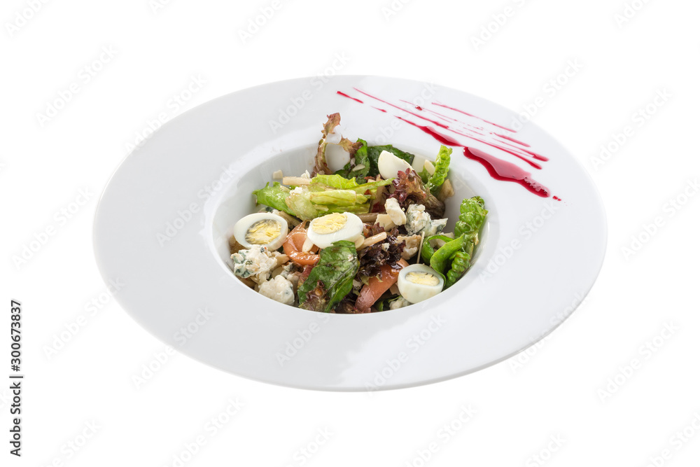 fresh salad with gorgonzola cheese and egg in white bowl isolated on white background fresh salad with gorgonzola cheese and egg in white bowl isolated on white background