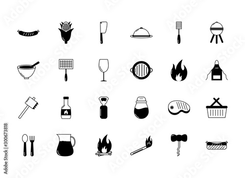 bbq food equipment utensils icons set