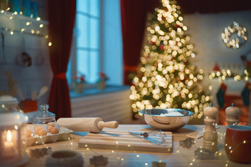 kitchen  decorated for holidays.