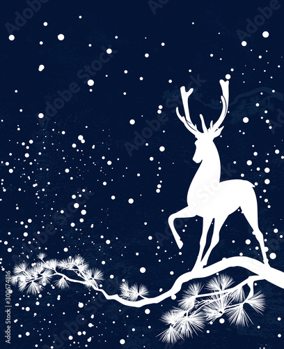 elegant deer standing on pine tree branch among falling snow - christmas time natural wilderness vector silhouette design © Cattallina