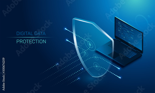 isometric vector image on a dark background, a transparent shield covering the laptop from virus attacks, protection of digital data