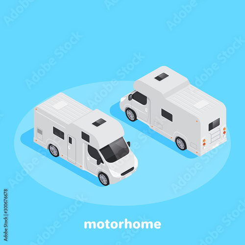 isometric vector image on a blue background, white motorhome front and back view