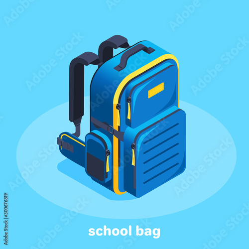 isometric vector image on a blue background, blue with a yellow student backpack, travel fees and purchase of equipment, going to school