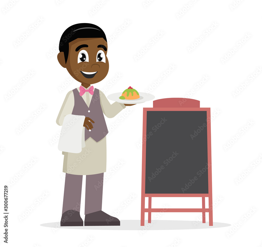 Cartoon character, African Boy Waiter.,