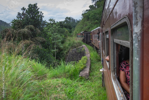 The train acrossing the Nine Arches Demodara Bridge, Ella. Sri Lanka