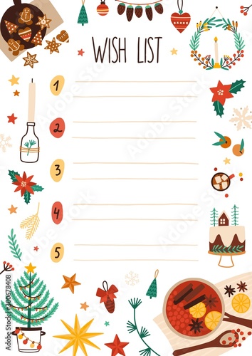 New Year wish list vector illustration. Decorated scrapbook sheet page. Childish letter to Santa Claus design idea. Christmas holiday items design elements isolated on white background.