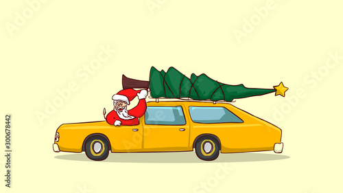happy santa claus ride retro wagons family car carrying christmas tree on the roof smile and wave hands . Hand drawn style vector design illustrations