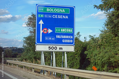autobahnschild a14, bologna, e45, cesena, ancona, valfabbrica, gubbio, photo