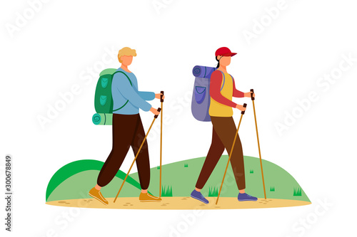 Budget tourism flat vector illustration. Hiking activity. Cheap travelling choice. Active vacation. Couple on a mountain trip. Walking tour isolated cartoon character on white background