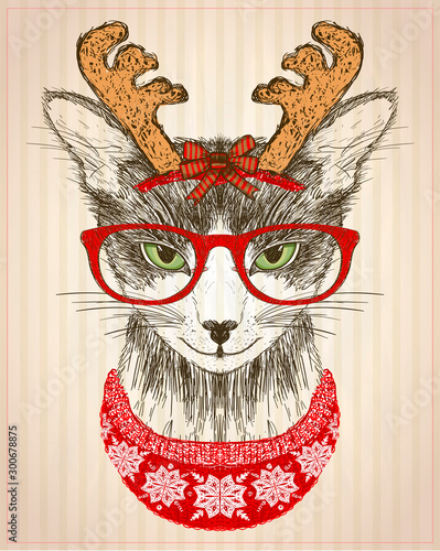 Obraz na płótnie z kotem hipster ubranym w czerwone okulary, kapelusz z rogami jelenia i czerwony sweter z dzianiny