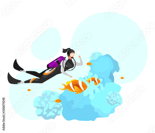 Scuba diving flat vector illustration. Underwater diving, snorkeling. Extreme sports experience. Active lifestyle. Summer outdoor activities. Sportswoman isolated cartoon character on blue background © The img