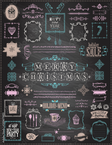 Holiday Christmas and New Year sketch elements set on a chalkboard - ribbons, frames, menus, dividers and phrases