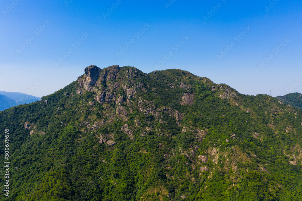 Hong Kong lion rock mountain with clear blue sky