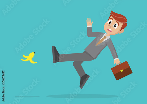 Cartoon character, Businessman slippery banana peels on the floor.