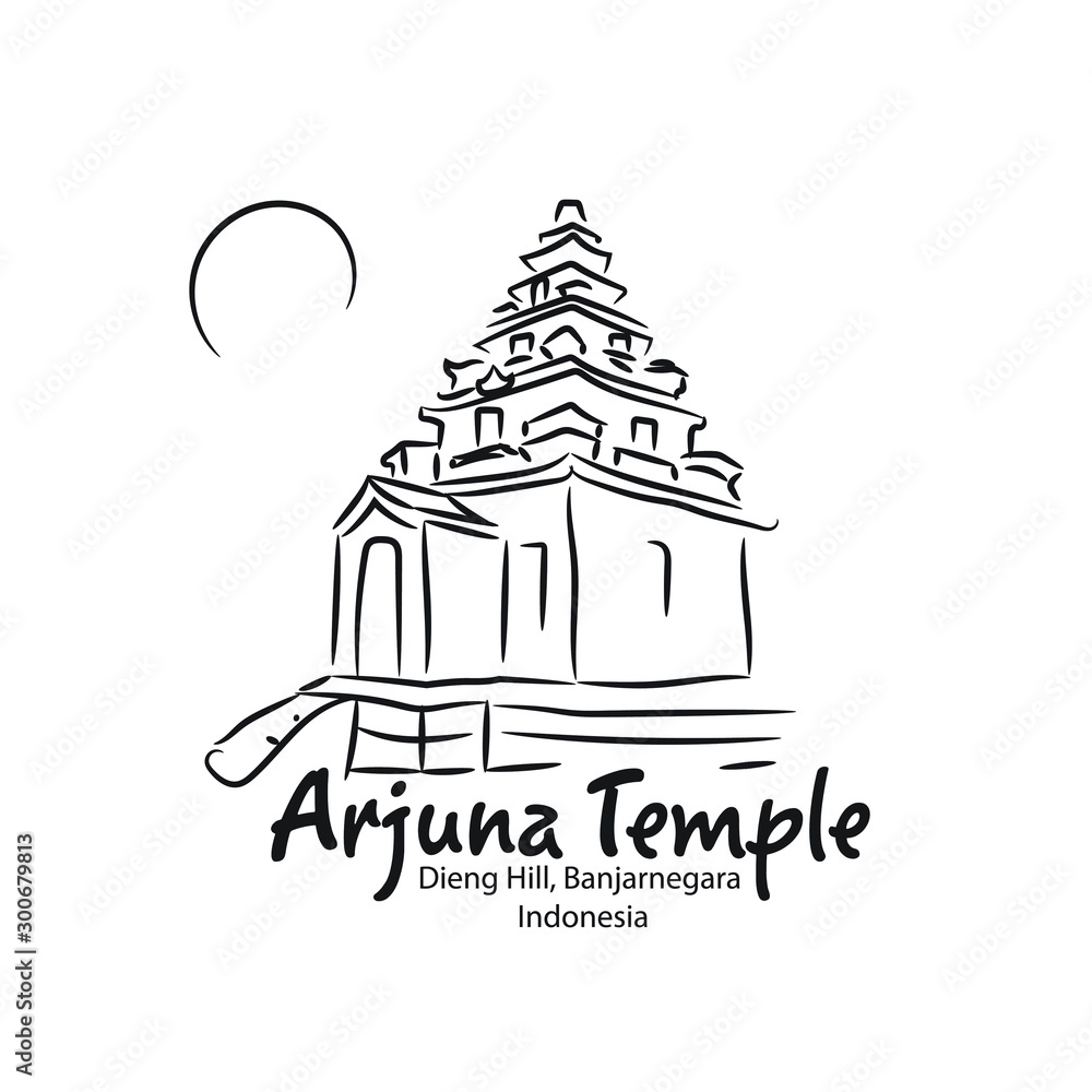 Arjuna Temple, Dieng Hill Indonesia in Line Art Vector Illustration