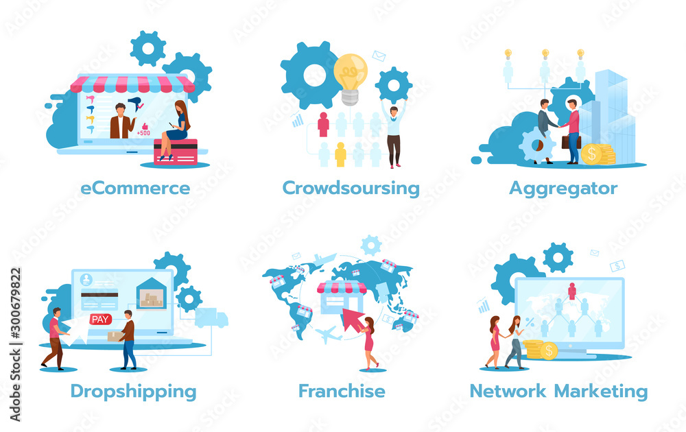 Business model flat vector illustrations set. E-commerce. Crowdsourcing. Aggregator. Dropshipping. Franchise. Network marketing. Trading strategies. Isolated cartoon characters Business model flat vector illustrations set. E-commerce. Crowdsourcing. Aggregator. Dropshipping. Franchise. Network marketing. Trading strategies. Isolated cartoon characters