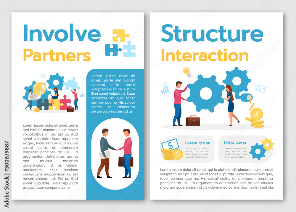 Involve partners brochure template. Structure interaction. Flyer, booklet, leaflet concept with flat illustrations. Vector page cartoon layout for magazine. advertising invitation with text space Involve partners brochure template. Structure interaction. Flyer, booklet, leaflet concept with flat illustrations. Vector page cartoon layout for magazine. advertising invitation with text space