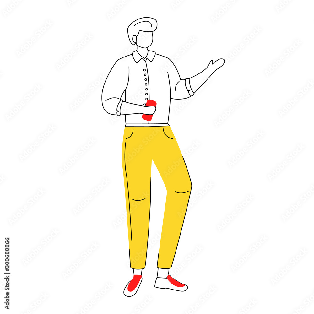 Male office worker flat contour vector illustration. Company manager, employer. Businessman in formal clothes with smartphone isolated faceless cartoon character on white background