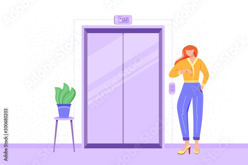 Employee in office hall flat vector illustration. Staff member waiting for elevator. Office corridor interior. Worker going to meeting. Candidate heading to interview. Businesswoman cartoon character