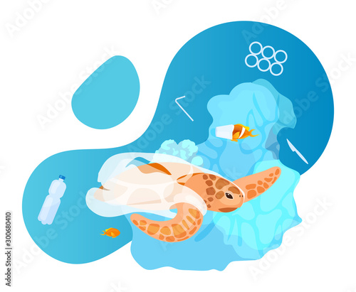 Turtle in ocean with plastic waste flat concept icon. Sea water pollution problem. Marine animal trapped in disposable package sticker, clipart. Isolated cartoon illustration on white background
