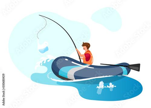 Person fishing in sea full of garbage flat concept icon. Junk in water. Ocean pollution. Fisherman with plastic package on rod sticker, clipart. Isolated cartoon illustration on white background