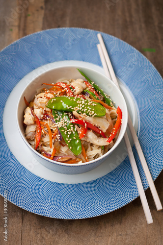 Asian Chicken and Vegetable Stir Fry Served with Noodles