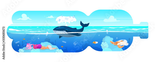 Whale and waste in plastic bottle silhouette flat concept icon. Environment pollution. Marine animal and garbage in sea water sticker, clipart. Isolated cartoon illustration on white background