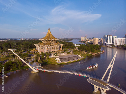 Fotografie Aerial image Of An Iconic Building Dewan Undangan Negeri At Kuching Waterfront,