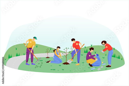 Community work day flat vector illustration. Volunteers, activists isolated cartoon characters on white background. Young people cleaning garbage and planting trees. Environment protection concept
