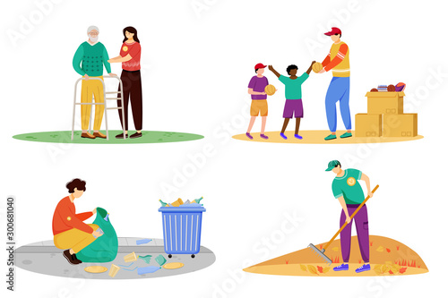 Charity activities flat vector illustrations set. Selfless volunteers, young activists isolated cartoon characters. Elderly people nursing, orphanage donation, garbage cleaning and community works