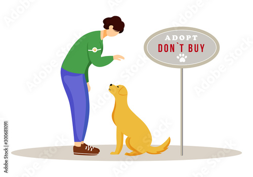 Animal adoption flat vector illustration. Young volunteer in dog shelter isolated cartoon characters on white background. Voluntary pet care concept. Activist adopting abandonned, homeless animal