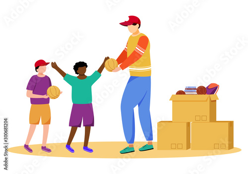 Humanitarian help flat vector illustration. Community service worker and little kids isolated cartoon characters on white background. Volunteer delivering school supplies, donations for orphanage
