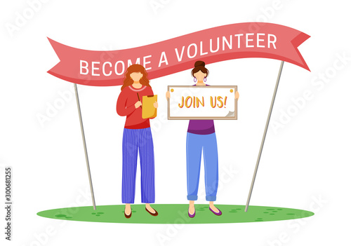 Voluntary agitation flat vector illustration. Selfless social activists, community service workers isolated cartoon characters on white background. Young volunteers searching for new recruits