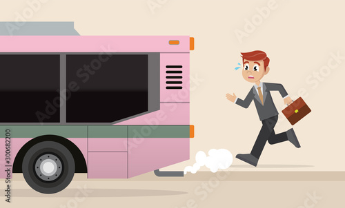 Cartoon character, Businessman is running for a outgoing bus.