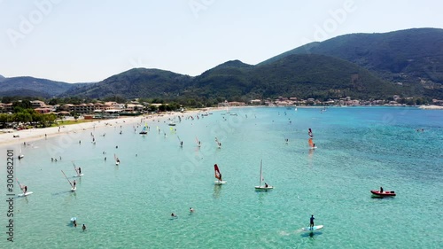 AERIAL Static drone view of windsurfers in Vasiliki bay Lefkas Greece photo