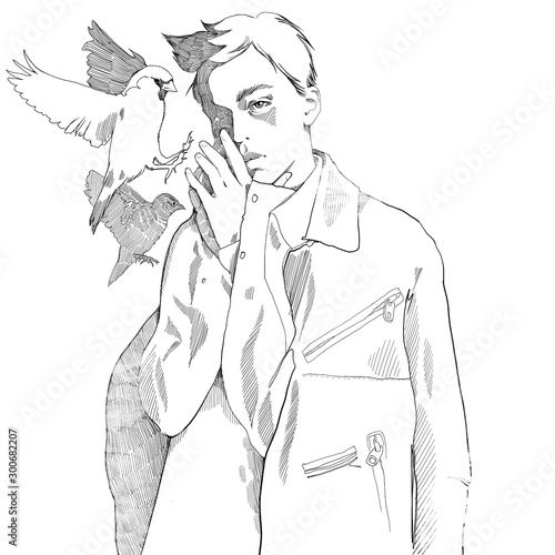90s handsome guy boy portrait with birds  illustration