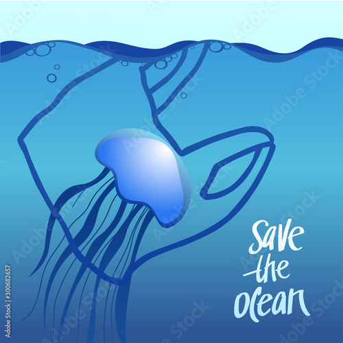 A square vector image with the text Save the ocean, the plastic package and the jellyfish.  The environment protection vector design for a poster, flyer print. Plastic free and zero waste theme